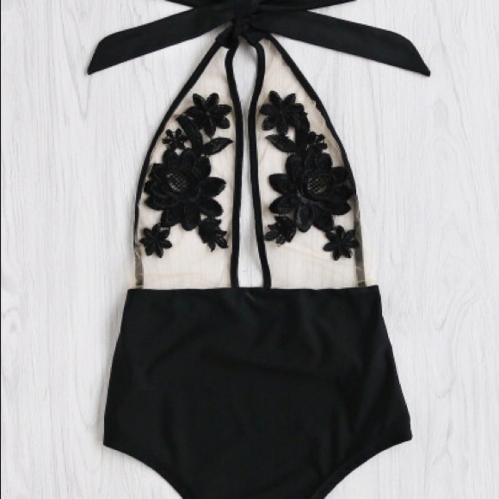 Flower Embroidery Halter Mesh Swimsuit